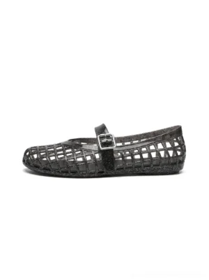 Black caged Mary Jane jelly flats with open lattice upper, square buckle strap and flexible flat sole side view