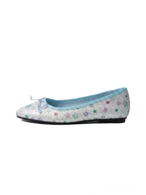 Blue glitter star print bow ballet flats with colorful stars, light blue collar trim, and delicate toe bows