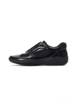 Glossy black top-grain leather retro runner sneakers shown in left side profile with mesh panels and metal heel branding