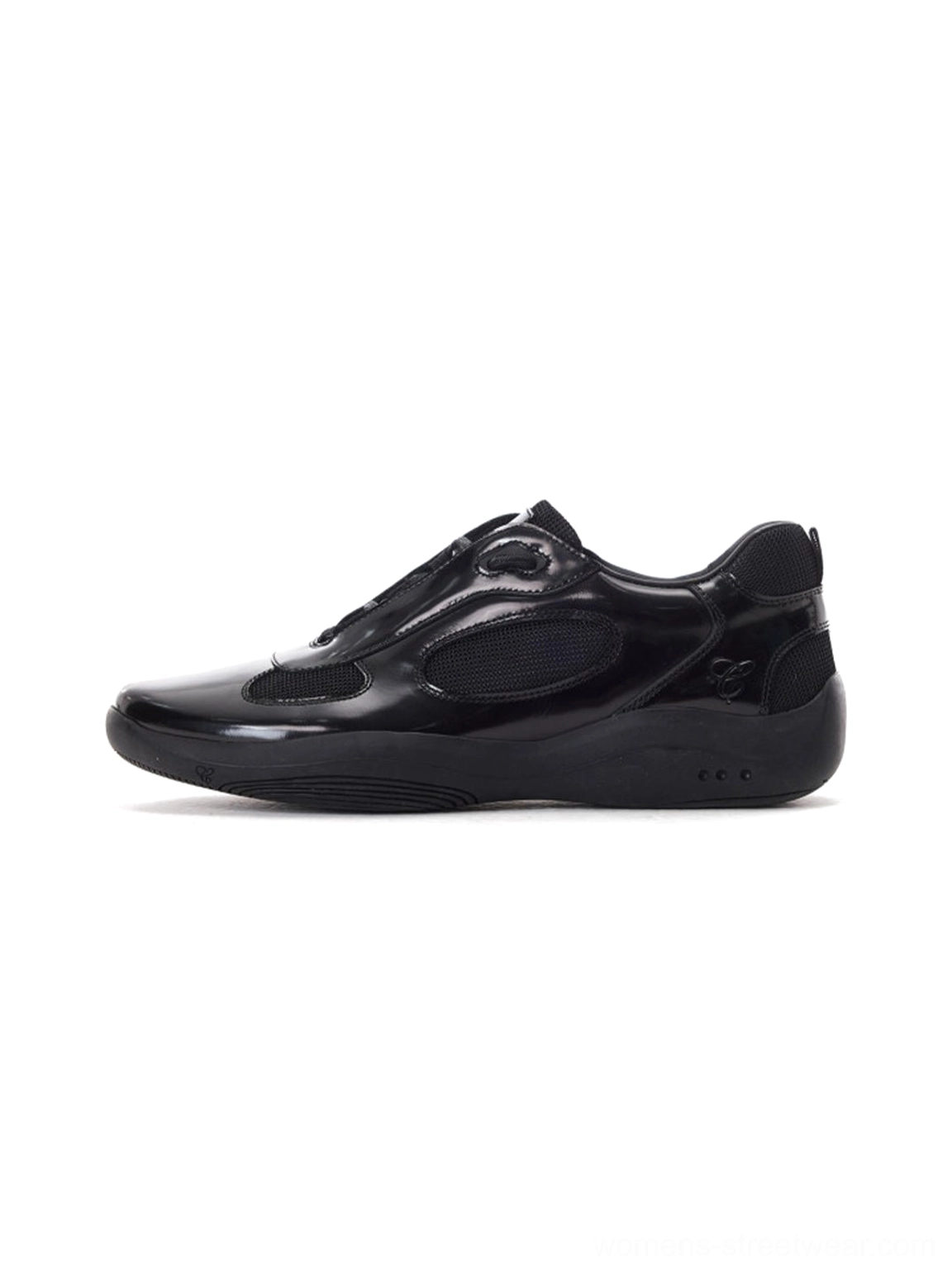 Glossy black top-grain leather retro runner sneakers shown in left side profile with mesh panels and metal heel branding