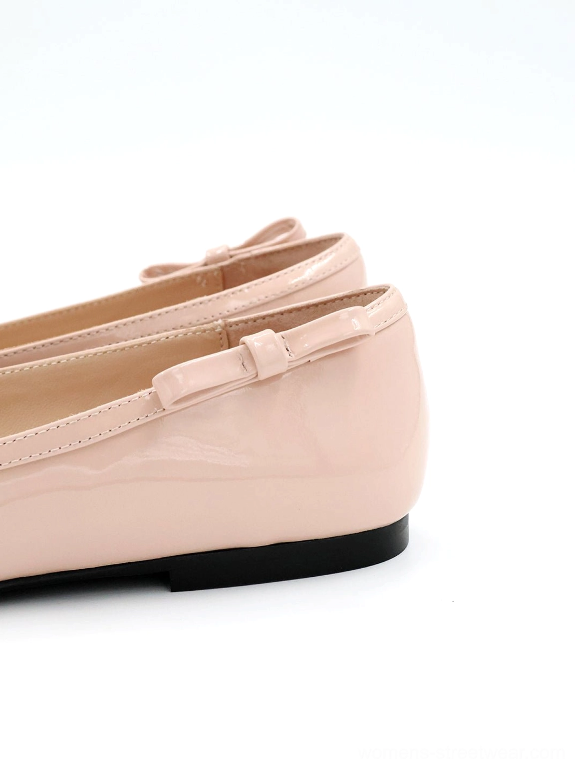 Glossy bow ballet flats with heart-back detail, rounded closed toe, low-profile silhouette, patent finish, and balletcore Korean fashion styling