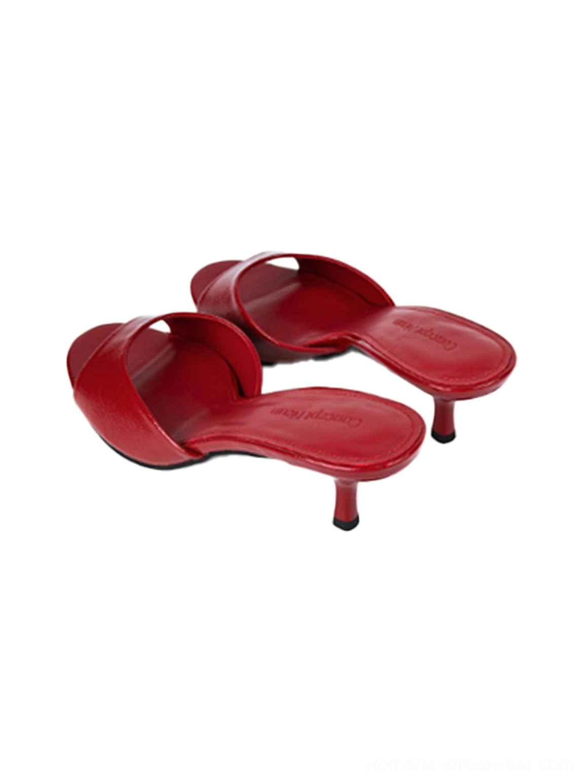 Glossy open-toe kitten-heel mule shoes for modern feminine streetwear and evening styling