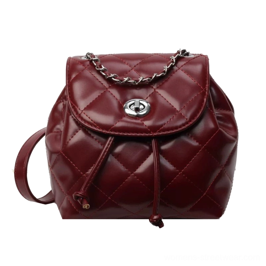 Claret glossy quilted chain mini backpack for Korean streetwear styling