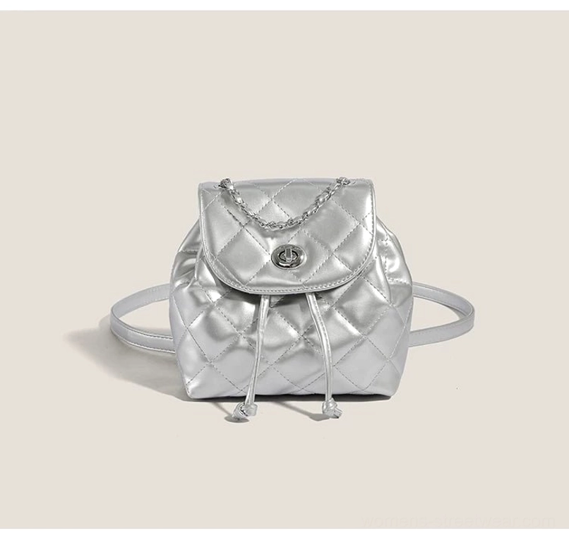 Metallic silver glossy quilted chain mini backpack for Y2K streetwear