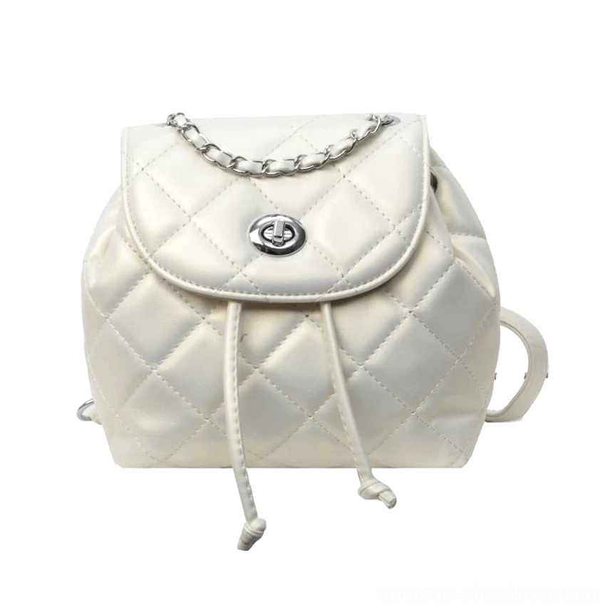 Pearl white glossy quilted chain mini backpack for Seoul inspired streetwear