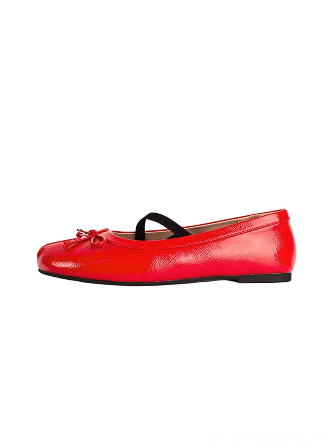 Glossy red split-toe Mary Jane ballet flats with black elasticized cross straps and small bow side profile
