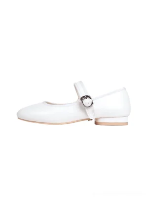White glossy round-toe Mary Jane ballet flat with silver buckle strap and low block heel shown in a close-up side view