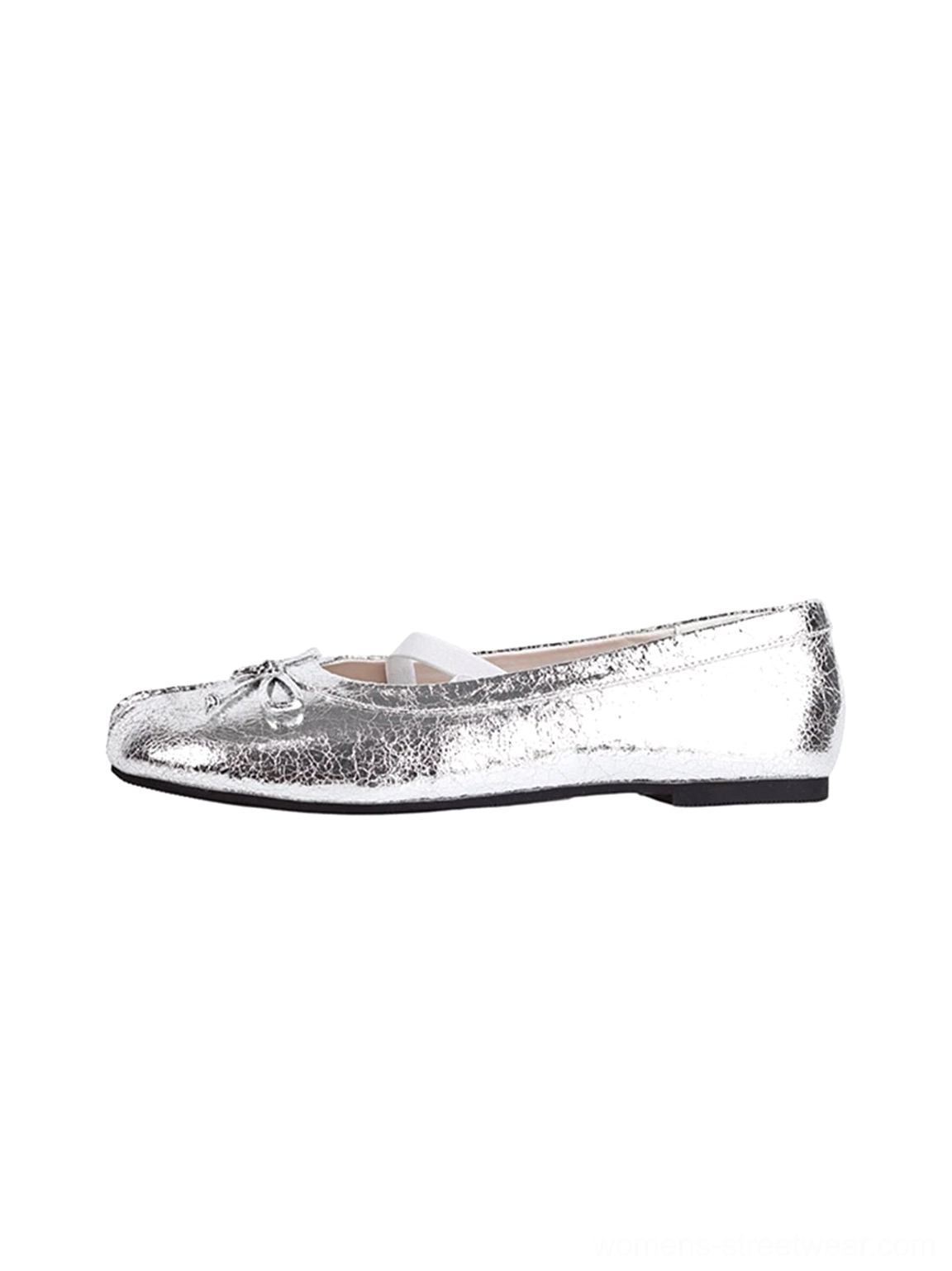 Glossy split-toe Mary Jane ballet flats with bow detail and slim elasticized straps fashion product view