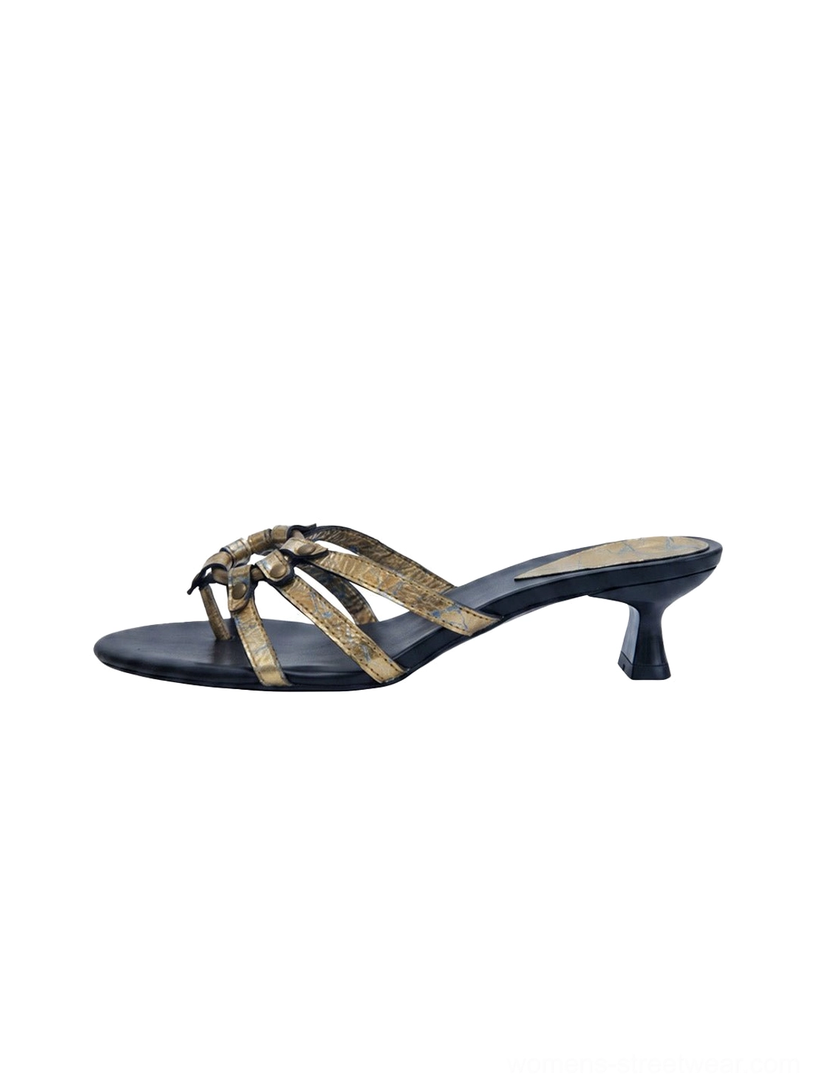 Side profile of gold crackle metallic thong sandals with jewel-inspired straps, black outsole, and sculpted low kitten heel