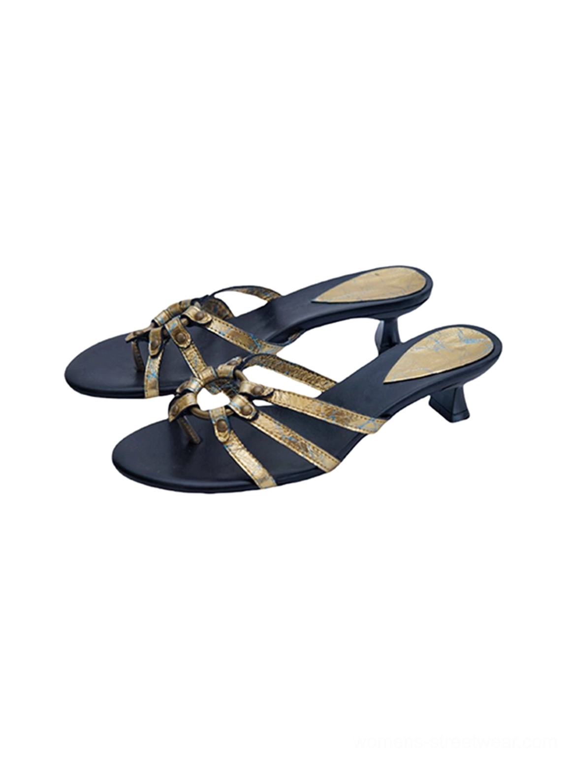 Front flat-lay view of matching gold crackle metallic kitten-heel sandals with jewel straps and contrasting black outsoles