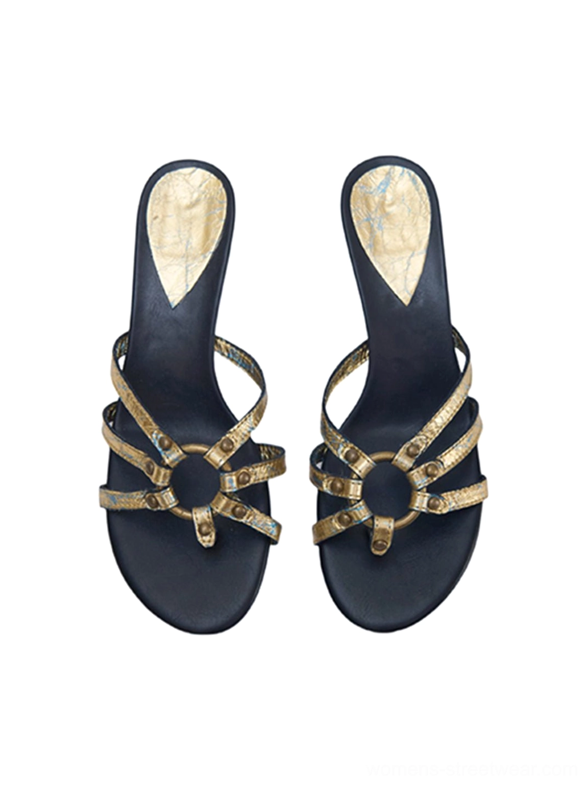 Gold crackle metallic women's sandals with jewel-inspired straps, open square toes, and delicate sculpted kitten heels