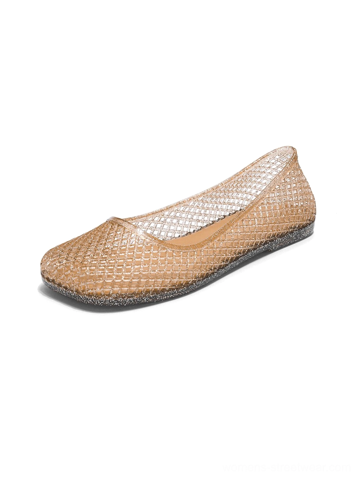 Gold glitter mesh jelly ballet flats with woven texture and flexible slip-on construction