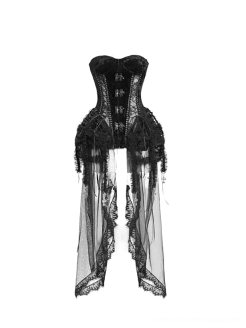 Gothic birdcage corset three-piece set black structured corset and sheer tulle skirt product view