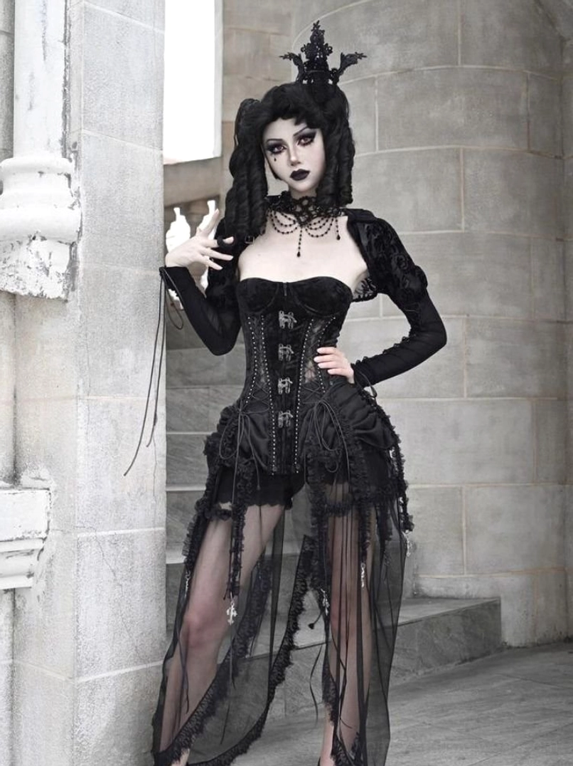 Gothic birdcage corset three-piece set black tulle alternative fashion outfit product image