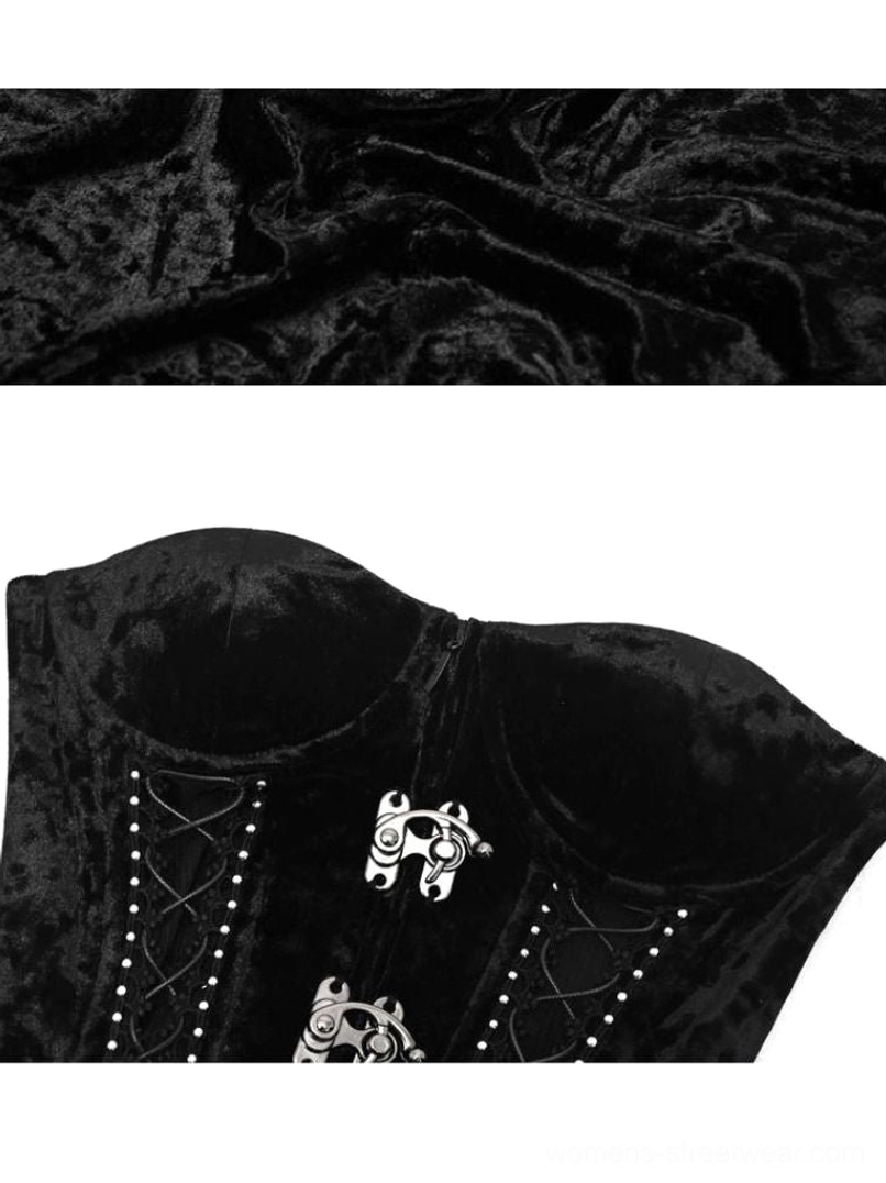 Gothic birdcage corset three-piece set with black sheer tulle for dark romantic streetwear styling