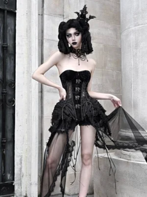 Full front view of gothic black birdcage corset three-piece set with sculpted bodice and flowing sheer tulle train