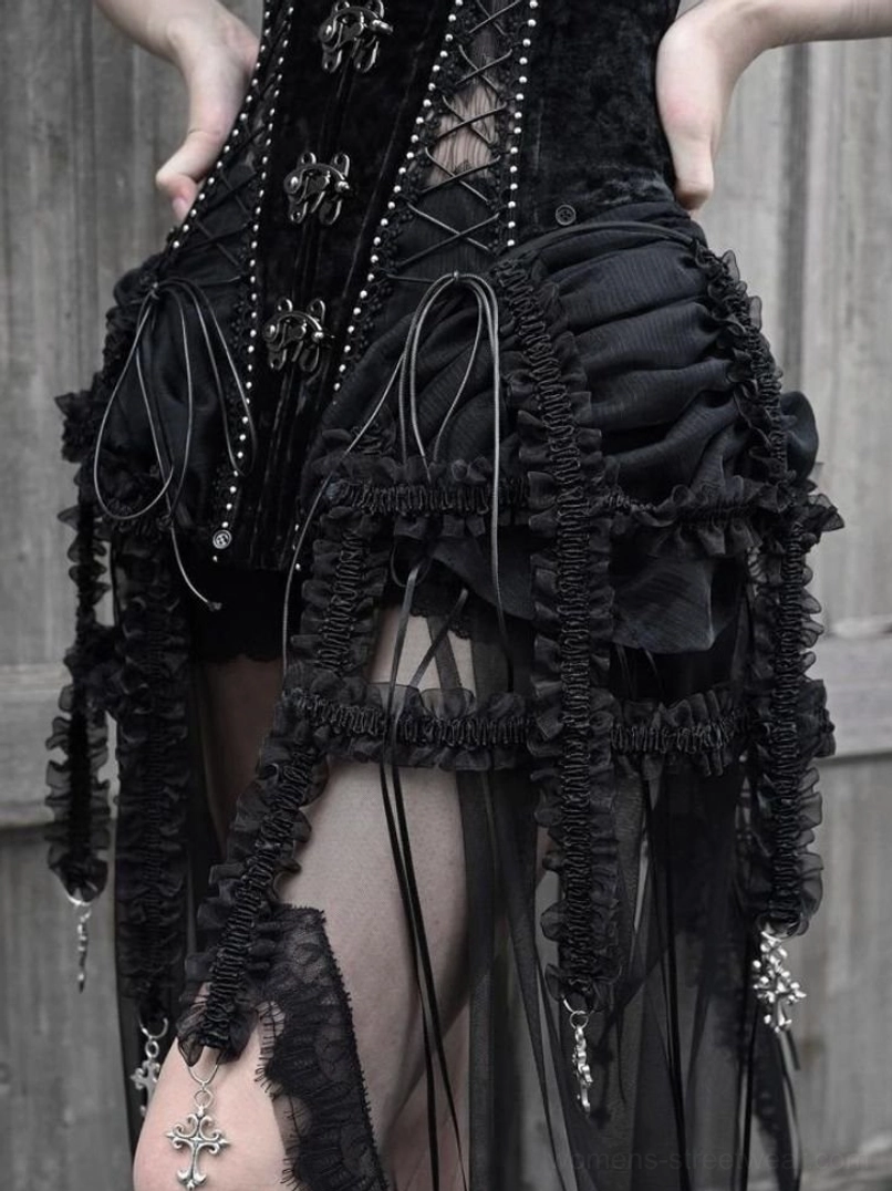 Gothic birdcage corset three-piece tulle set black alternative streetwear fashion product view