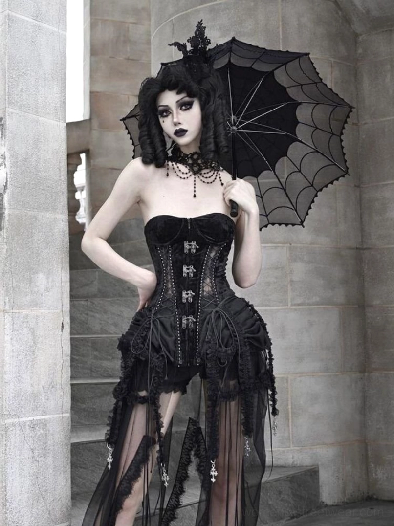 Three-quarter view of gothic birdcage corset set with black ruffled tulle layers and dark romance styling