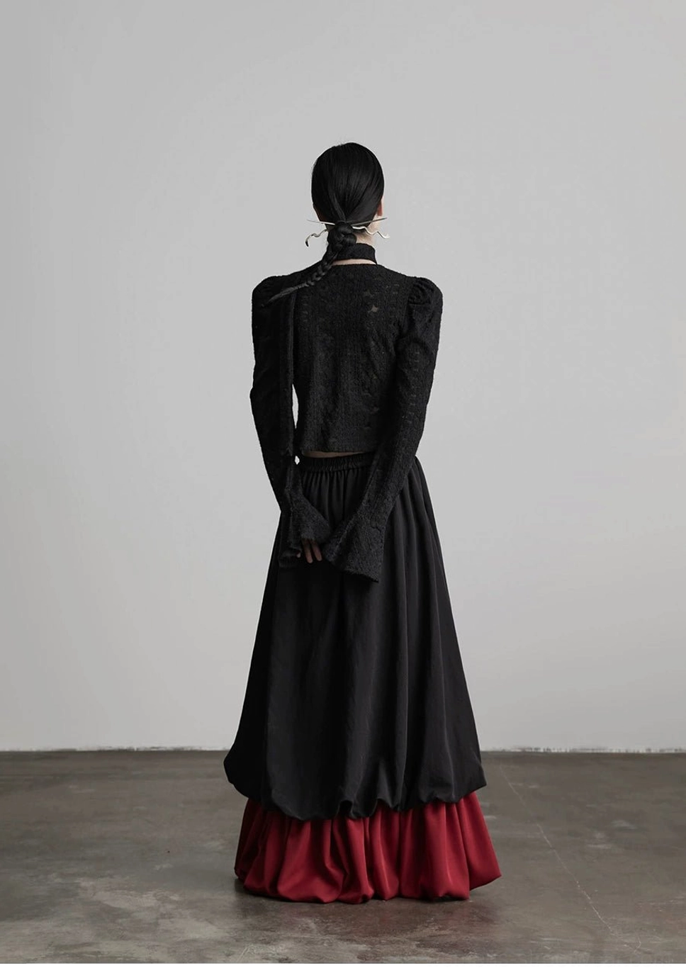 Gothic black patchwork maxi skirt with contrasting wine red detail for Korean street fashion