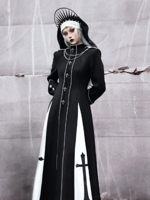 Rear three-quarter view of gothic black and white long trench coat showing tailored waist, contrast side panels, cross embroidery, and high stand collar