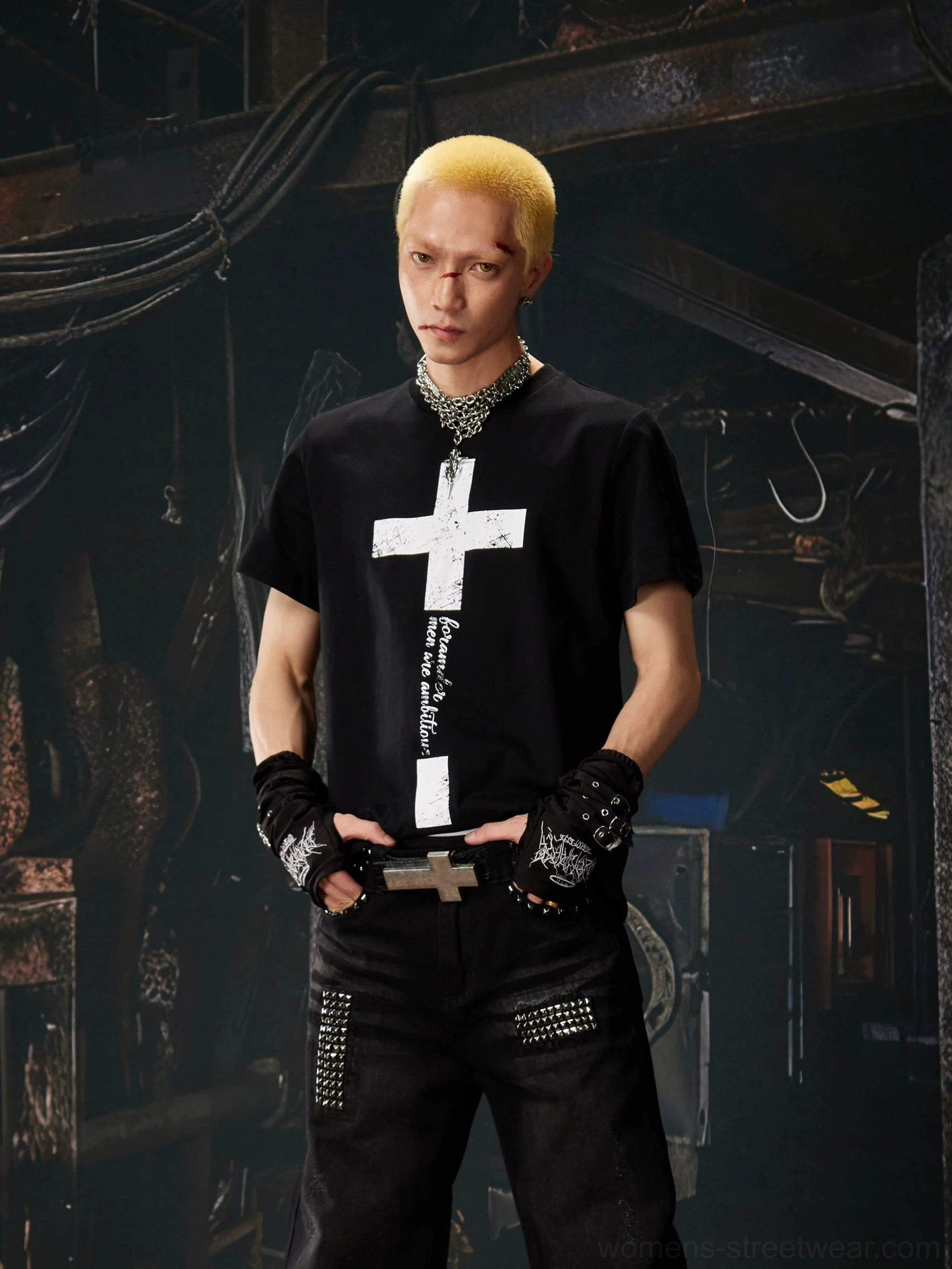 Gothic cross script graphic cotton streetwear T-shirt alternate fashion styling and graphic detail view