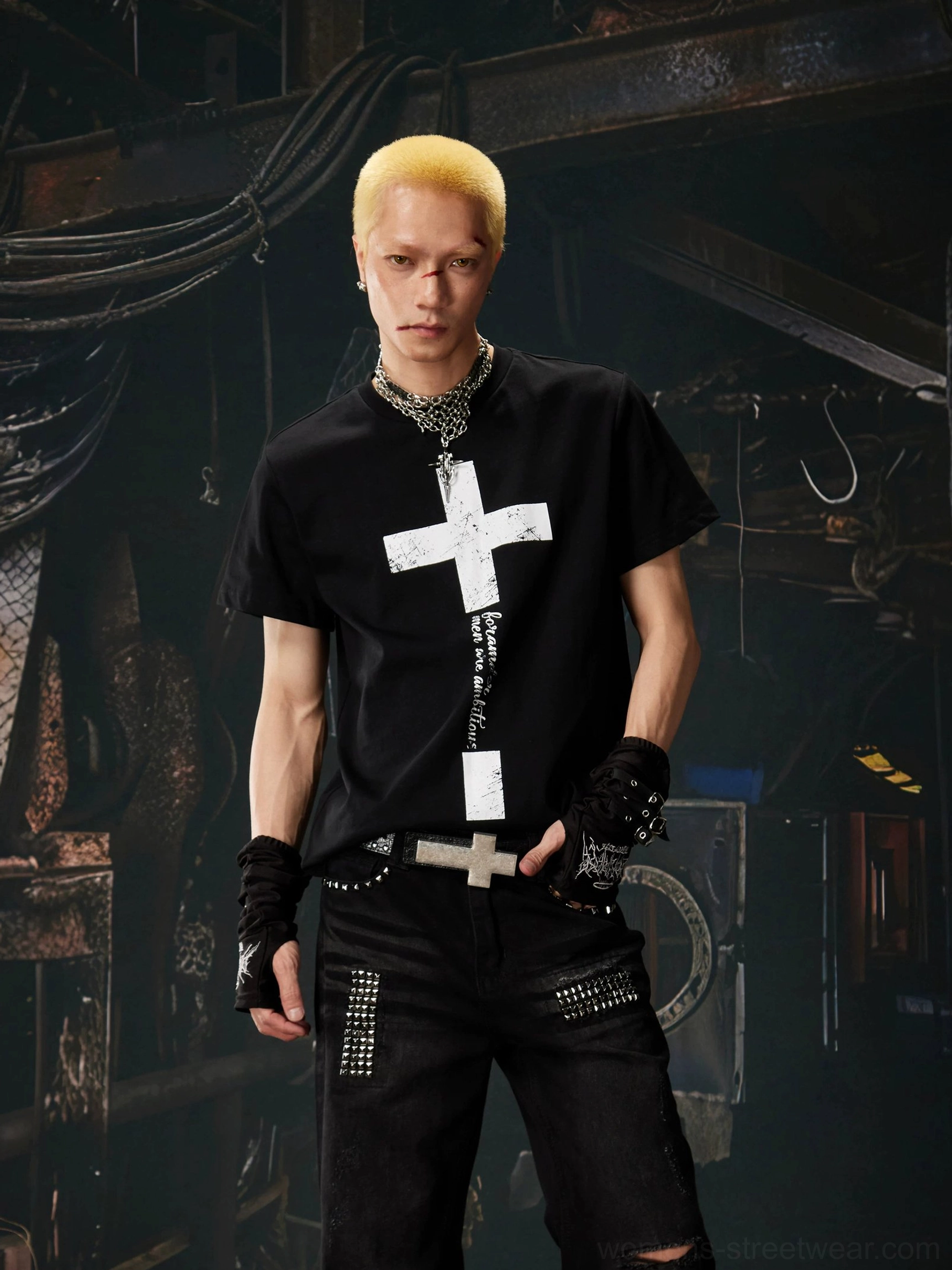 Black Gothic cross script graphic cotton streetwear T-shirt angled front view with white distressed cross print