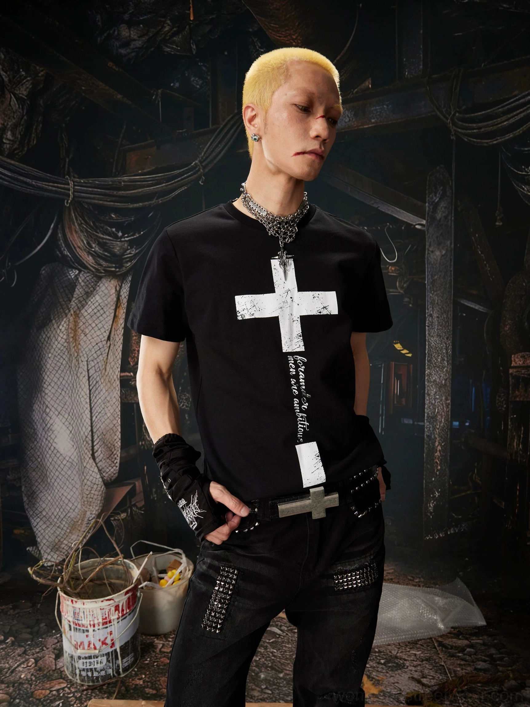 Black Gothic cross script graphic cotton T-shirt side profile with layered chain necklace streetwear styling