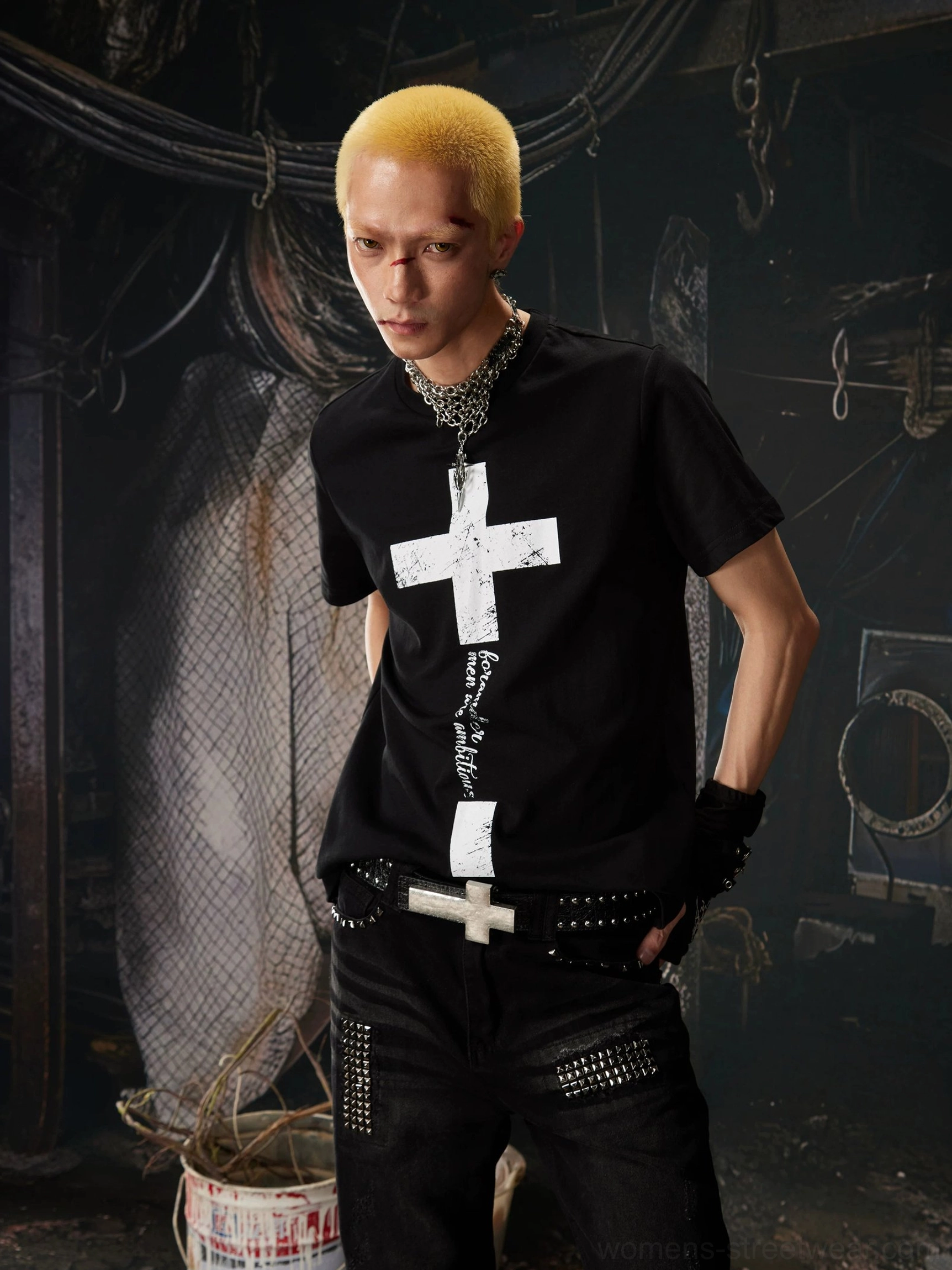 Black Gothic cross graphic T-shirt with distressed white front print and vertical lettering three quarter view