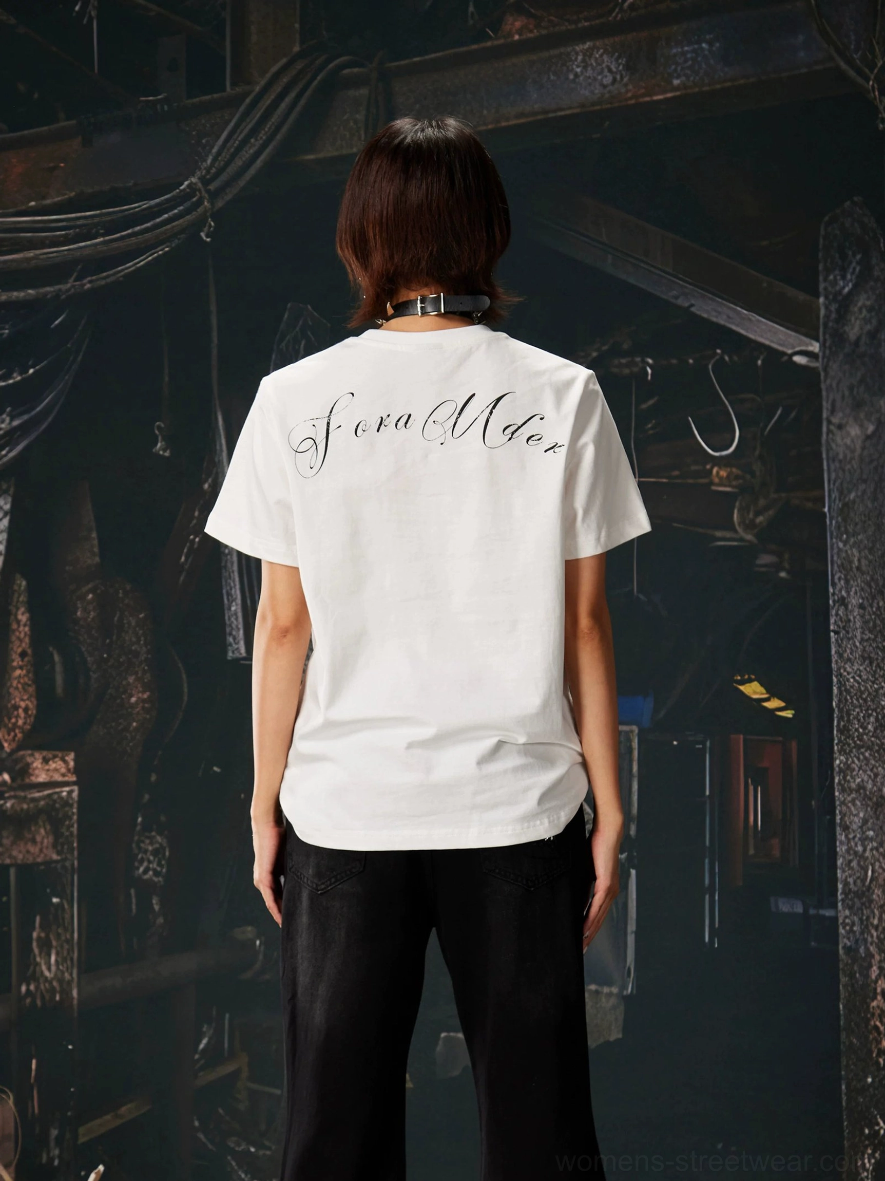 Gothic cross script graphic cotton streetwear T-shirt detailed product view in black or white colorway
