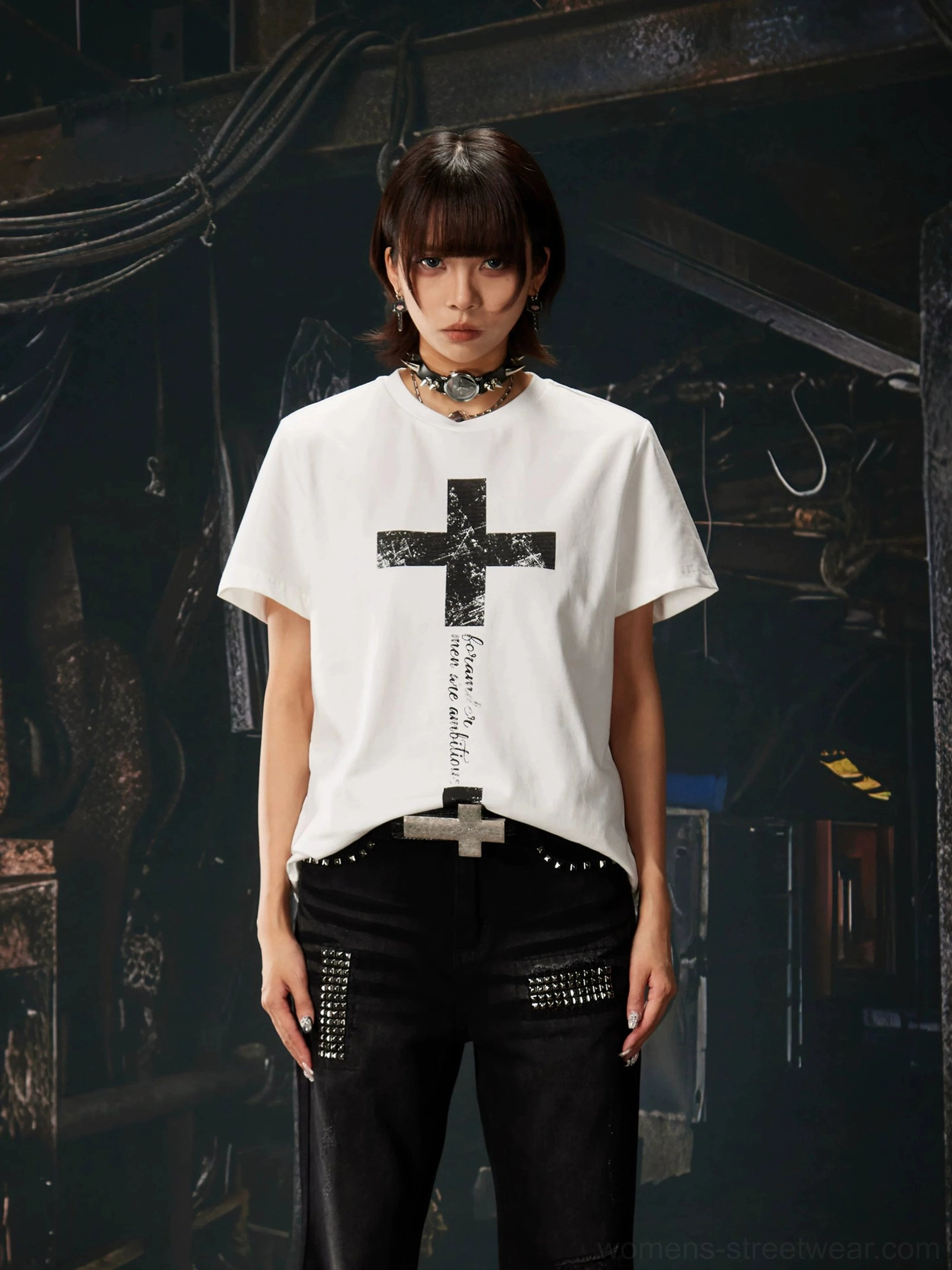 White Gothic cross script graphic cotton T-shirt close front view with black cross print and vertical text