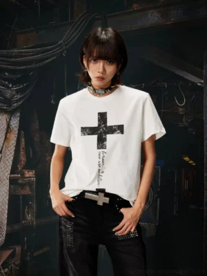 White Gothic cross script graphic cotton streetwear T-shirt front view on female model in industrial darkwear styling