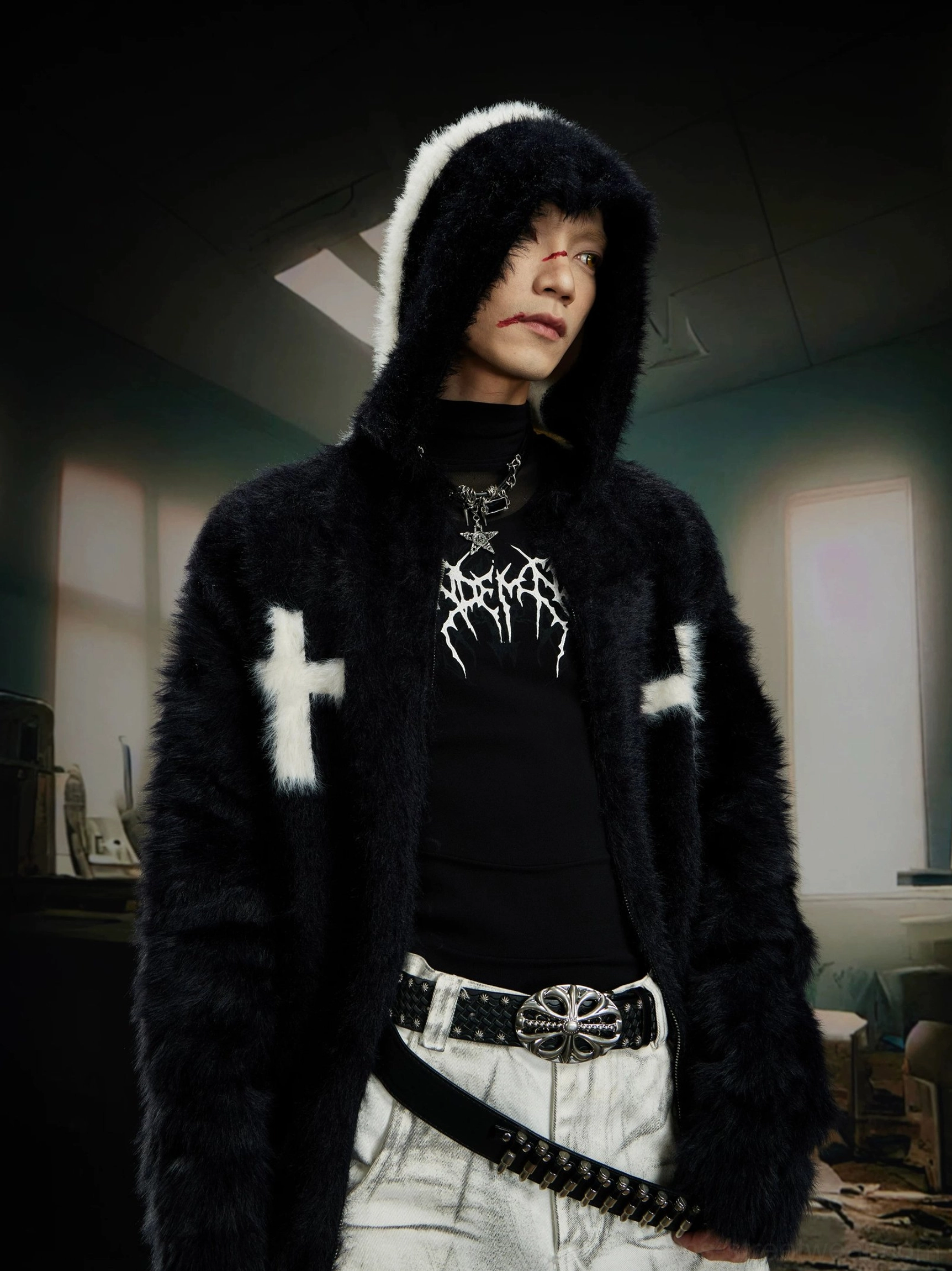 Gothic crucifix faux fur hoodie jacket designed for Korean street style and Y2K layering
