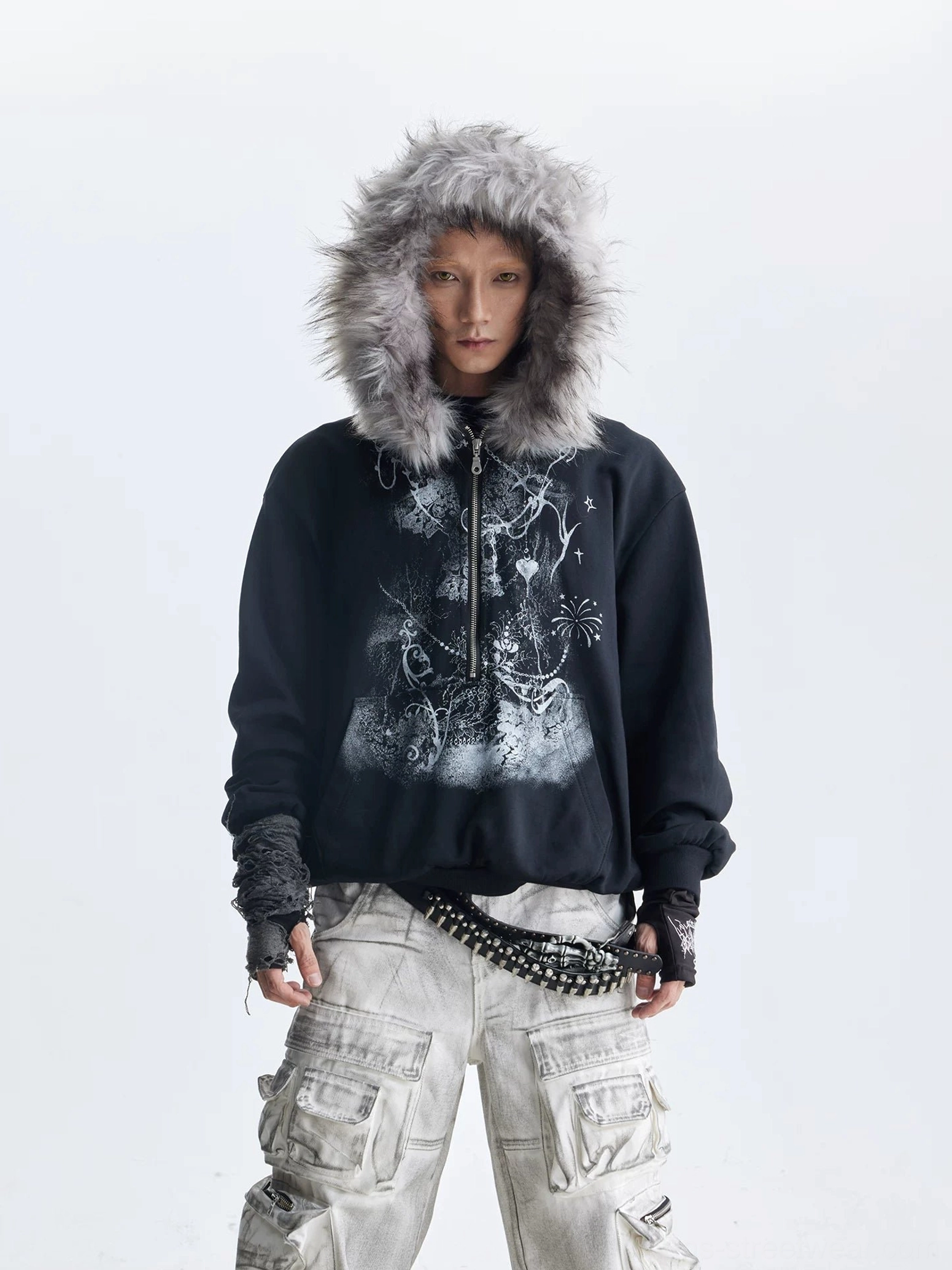 Black gothic faux fur trim graphic zip hoodie front streetwear outfit with plush gray hood collar