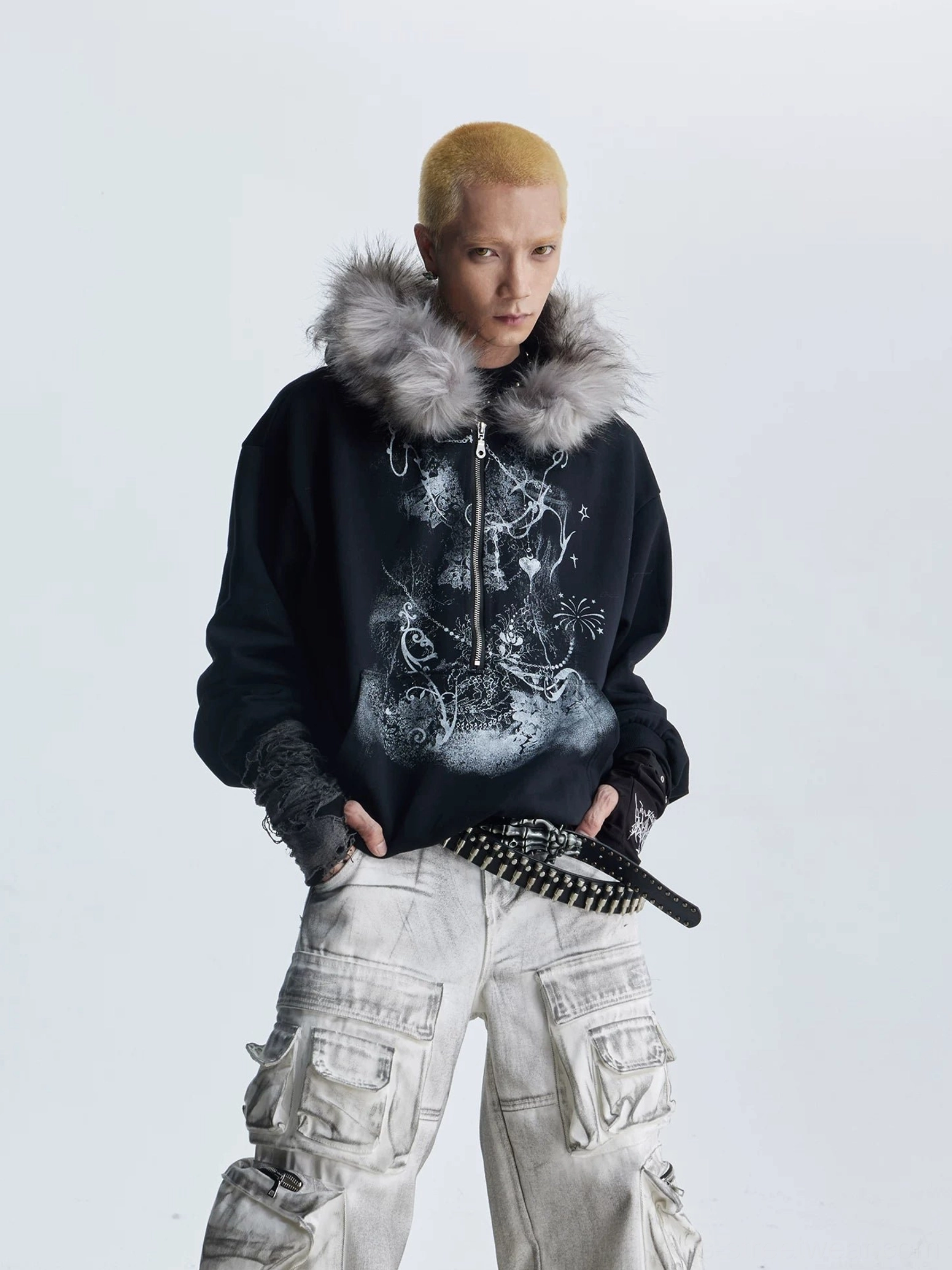 Black gothic faux fur trim graphic zip hoodie with detailed front print chain belt and fingerless gloves
