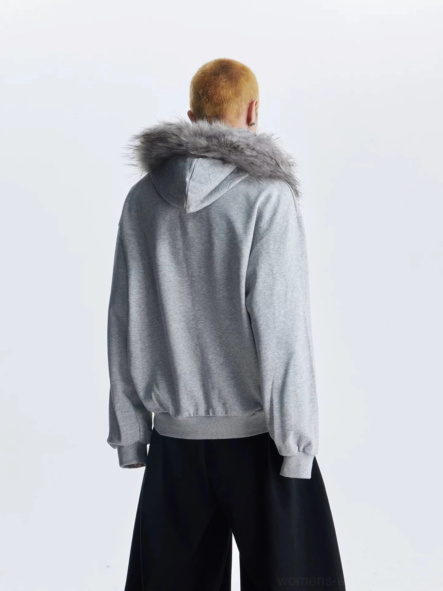 Gothic faux fur trim graphic zip hoodie close product view in black and gray colorway