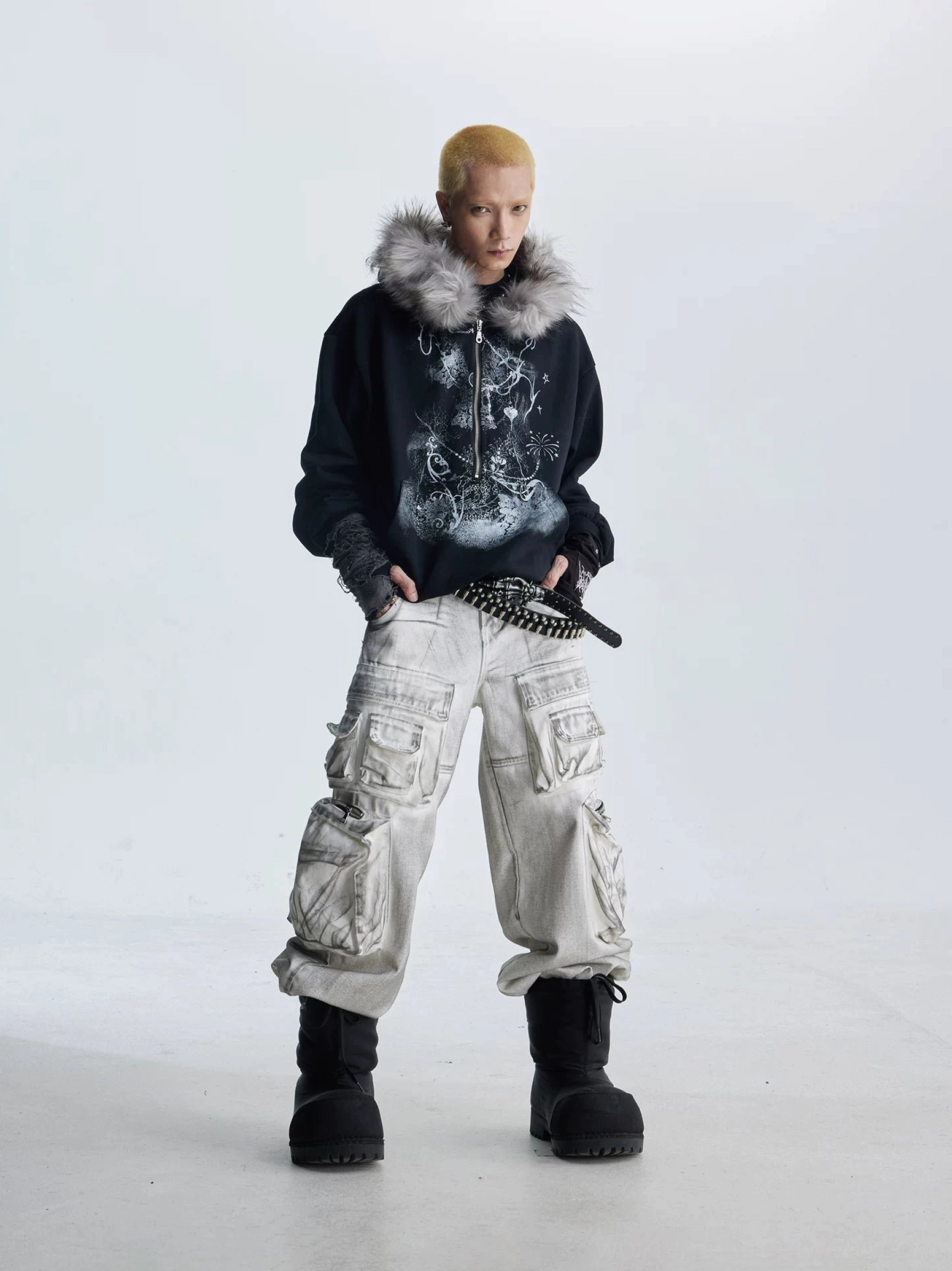 Black gothic faux fur trim graphic zip hoodie front view styled with cargo pants and platform boots