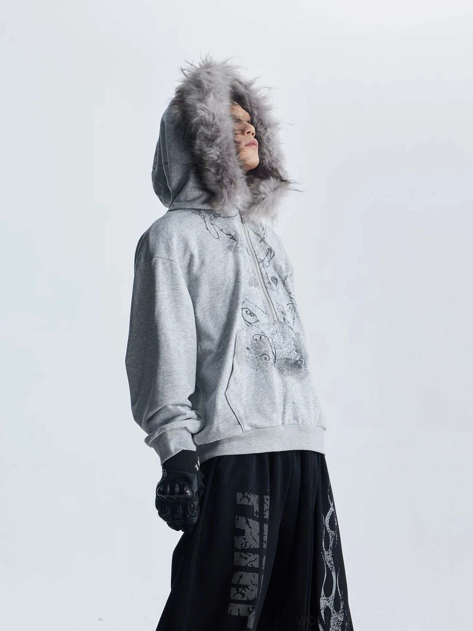Gothic faux fur trim graphic zip hoodie plush hood trim and front graphic detail