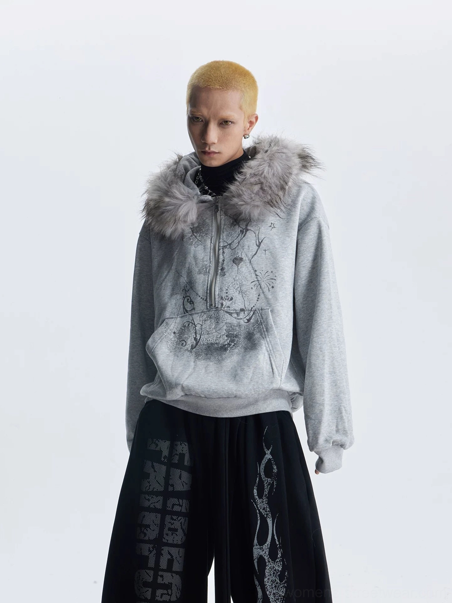 Gray gothic faux fur trim graphic zip hoodie product image with heather gray sweatshirt fabric