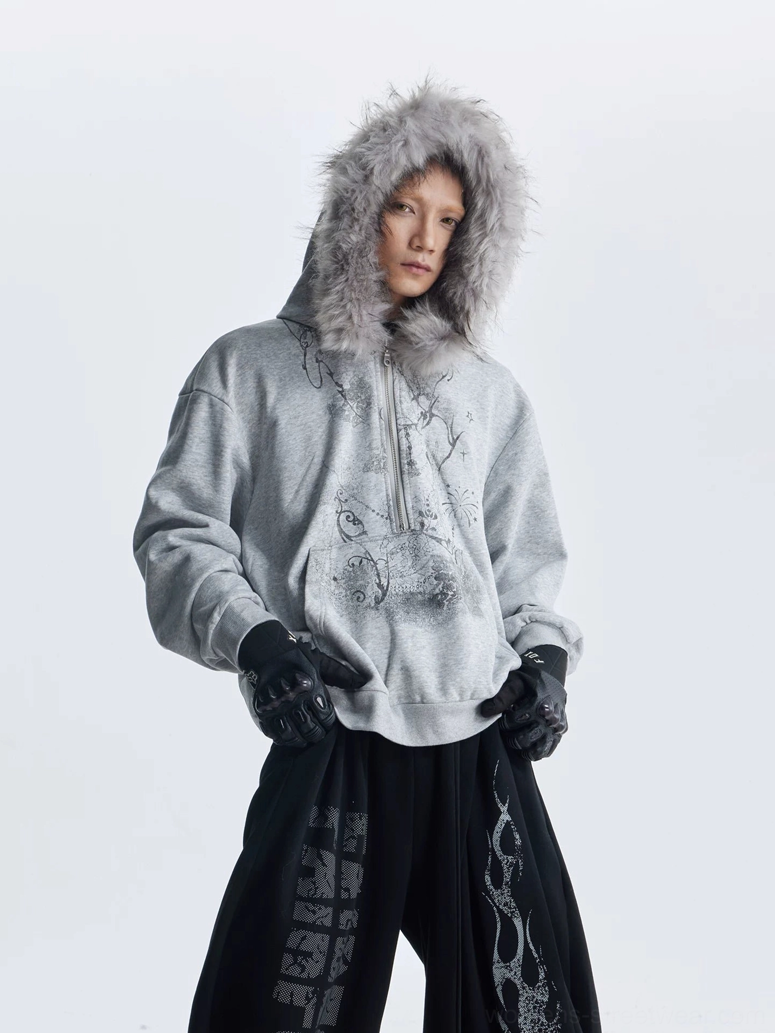 Gothic faux fur trim graphic zip hoodie relaxed oversized streetwear styling view