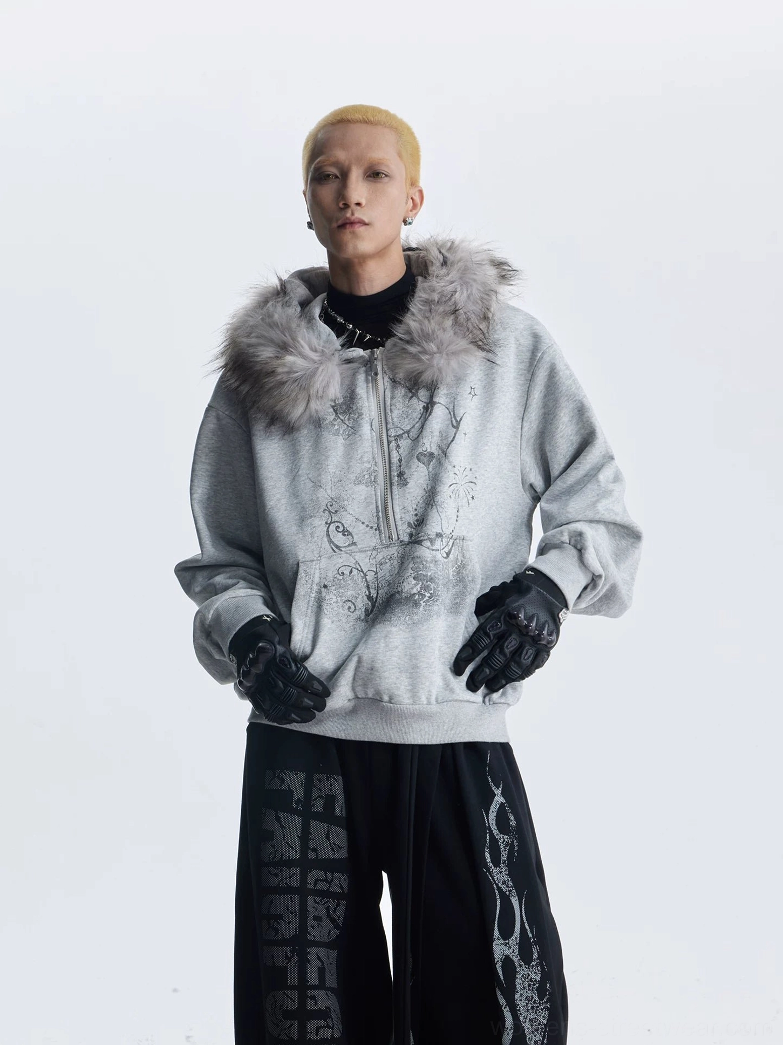 Gothic faux fur trim graphic zip hoodie detailed streetwear product view