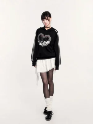 Full body gothic streetwear outfit with black heart graphic hoodie white ruffle mini skirt choker tights and loafers