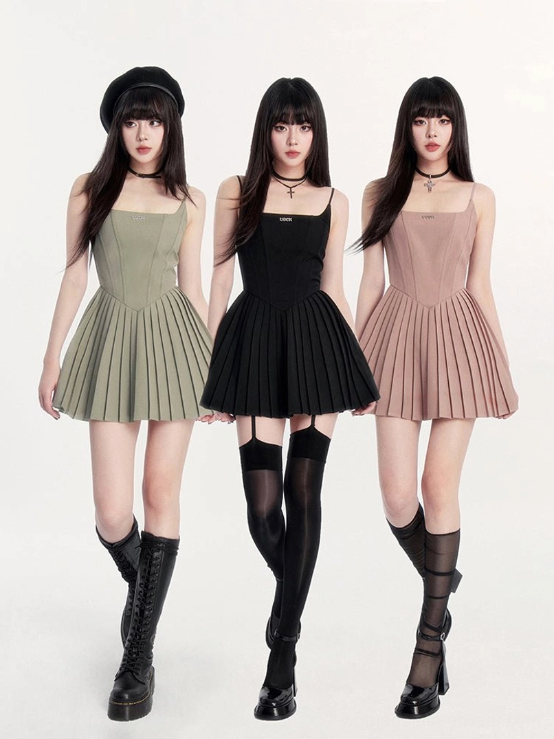 Gothic pleated cami mini dress alternate product view with feminine mini silhouette and corset-inspired waist