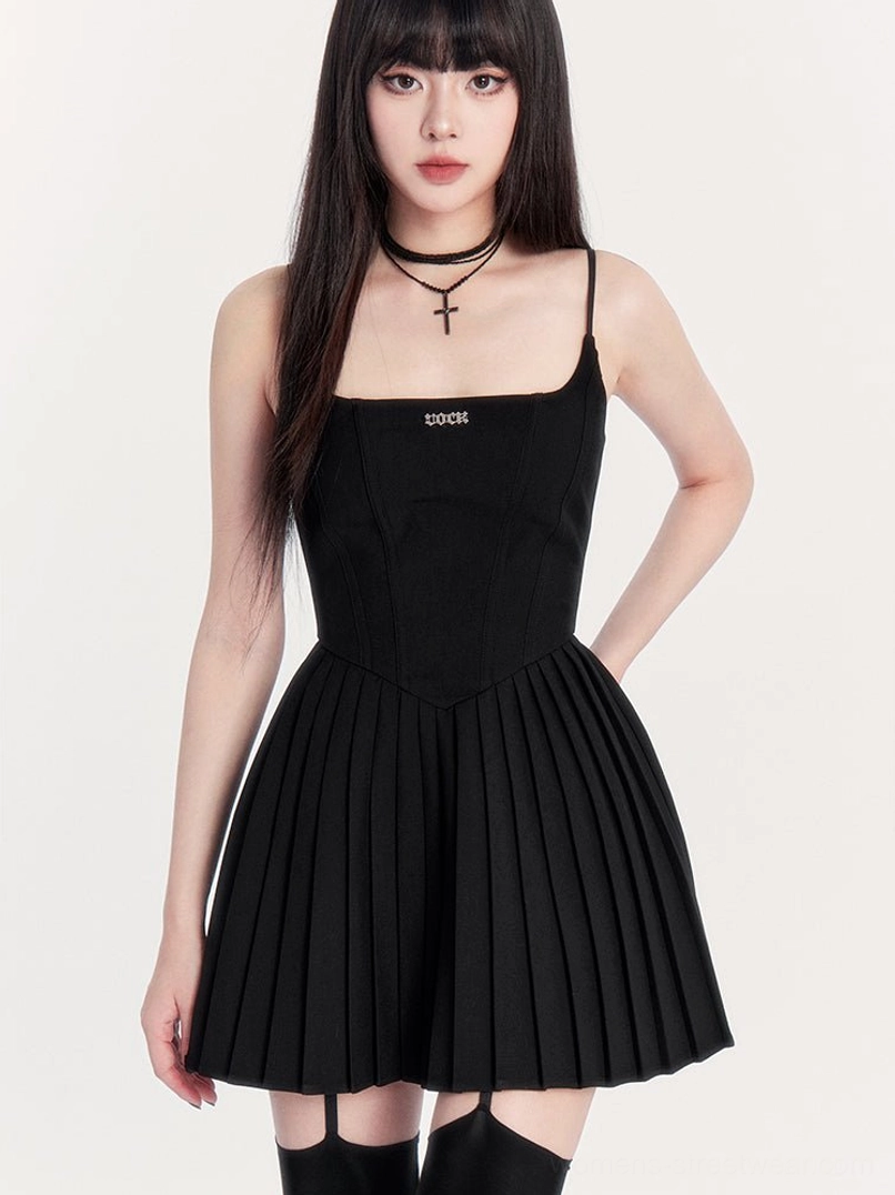 Black gothic pleated cami mini dress with square neckline fitted corset bodice and flared skirt styled with thigh-high stockings