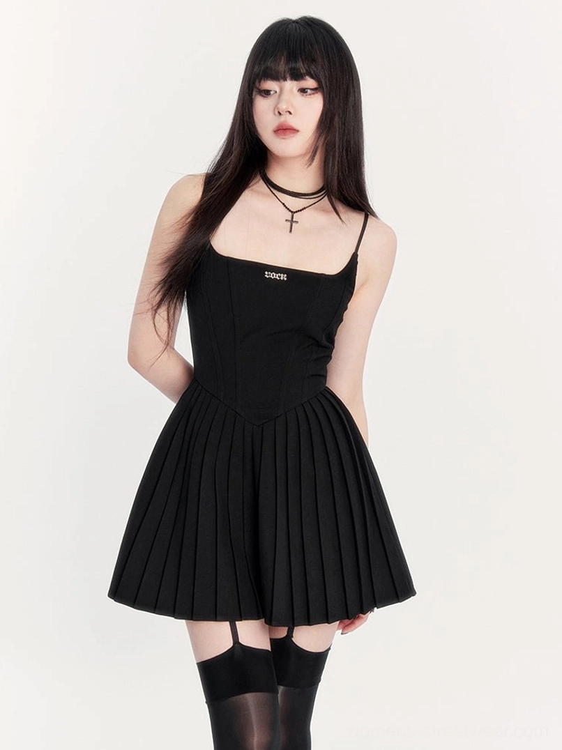 Gothic pleated cami mini dress product image showing structured corset-inspired bodice and flared pleated skirt