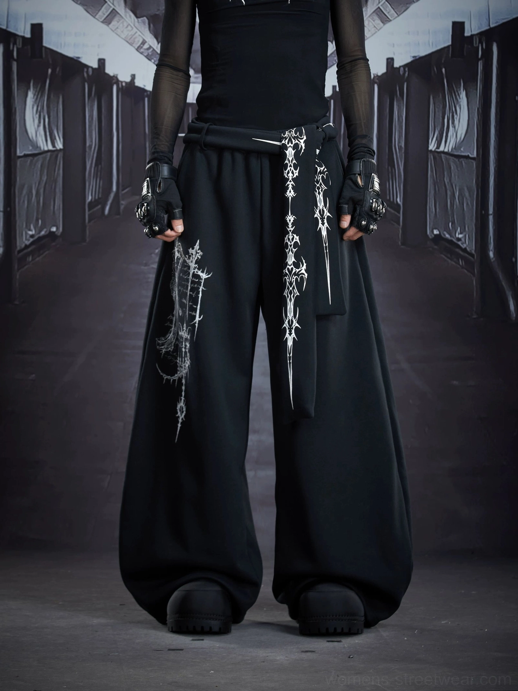 Black gothic sigil drape streetwear cargo sweatpants color option with oversized wide leg silhouette