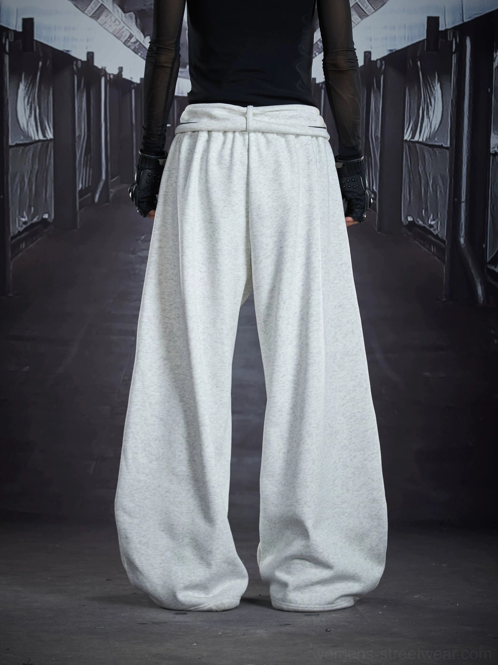 Rear view of light gray gothic sigil drape streetwear cargo sweatpants with relaxed wide leg cut and attached waist strap
