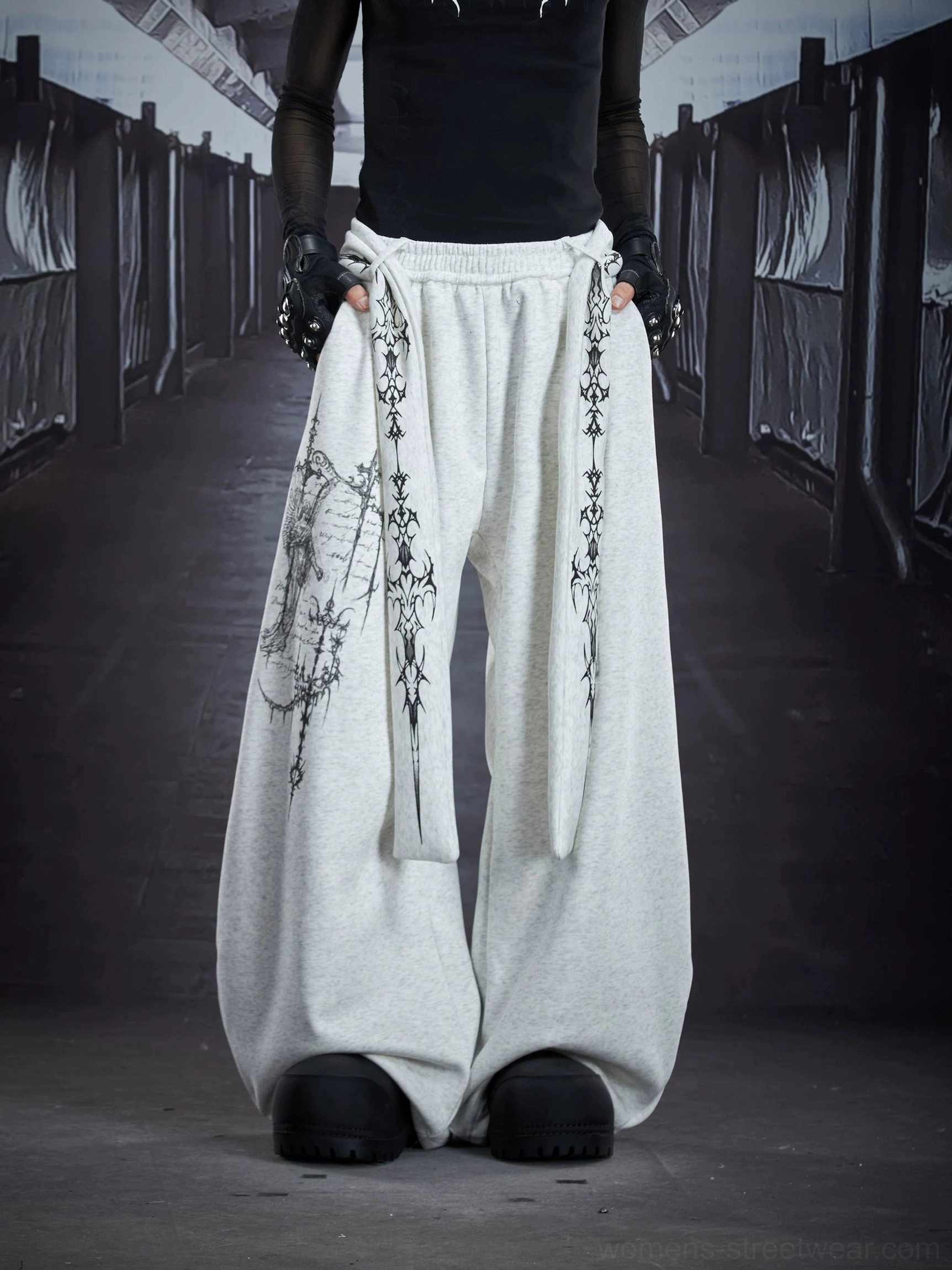 Gray gothic sigil drape streetwear cargo sweatpants color option with oversized wide leg silhouette and fleece lining option