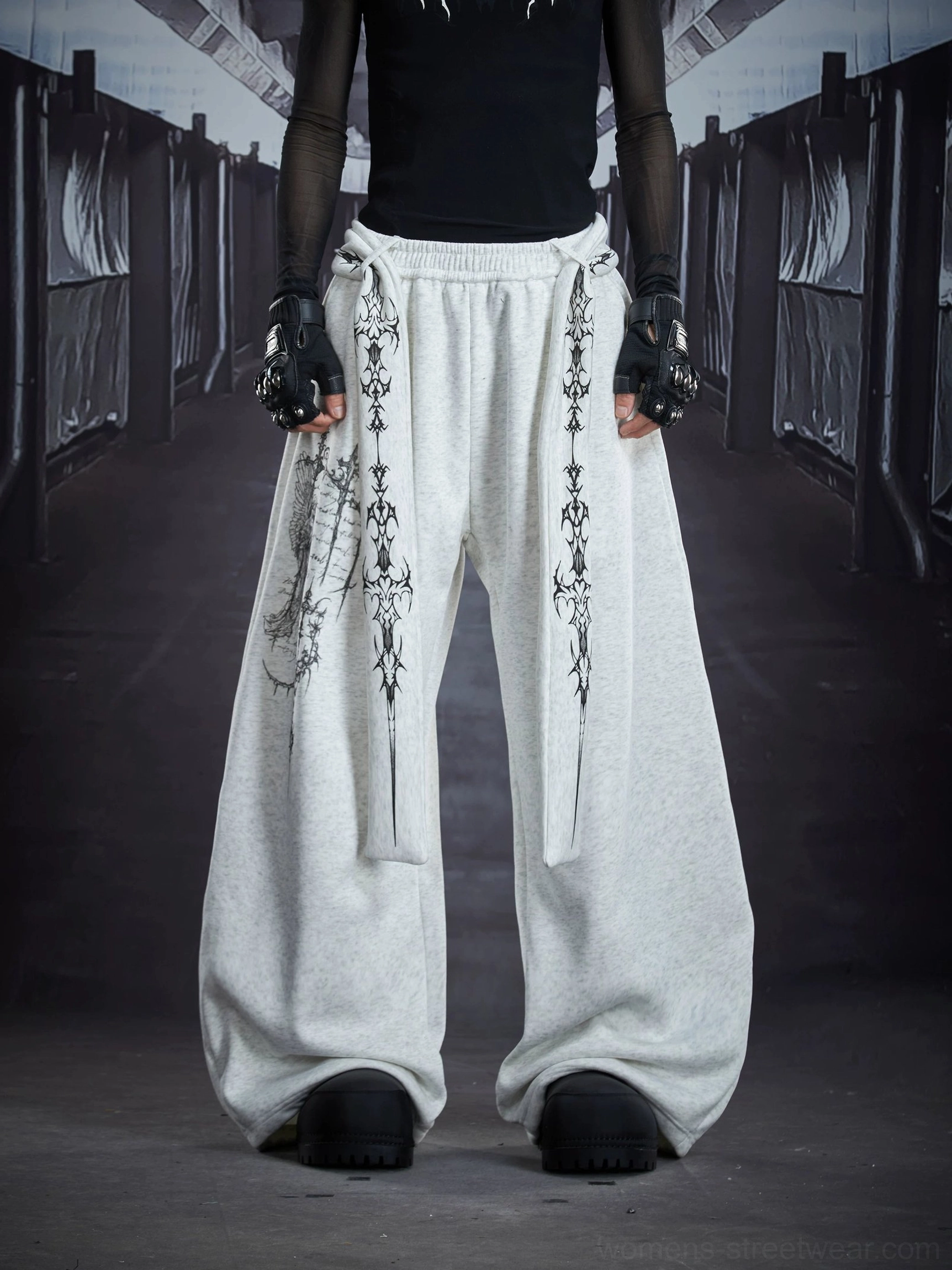 Light gray gothic sigil drape streetwear cargo sweatpants front view with oversized wide leg silhouette and hanging cross strap details