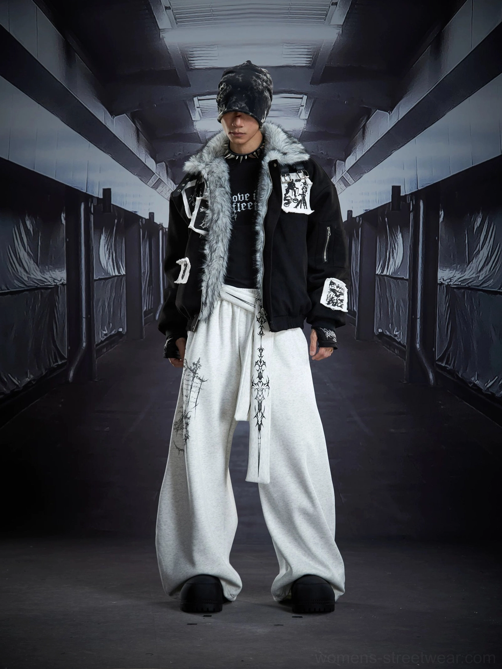 Full outfit styling of light gray gothic sigil drape streetwear cargo sweatpants in an industrial Korean streetwear inspired look