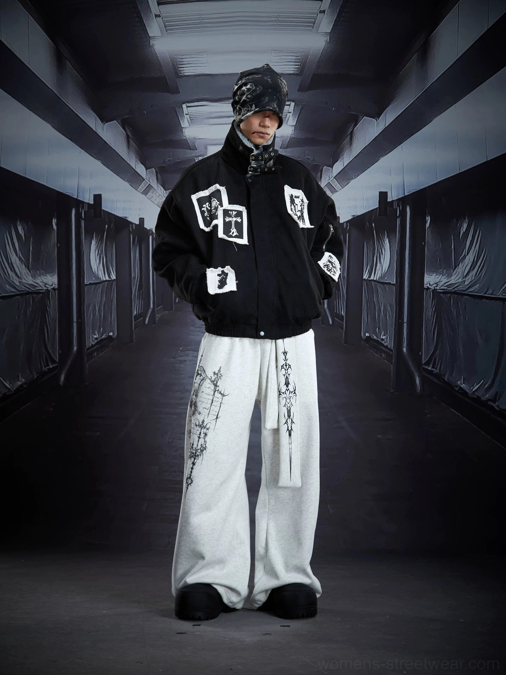 Light gray gothic sigil drape streetwear cargo sweatpants styled with layered jacket and beanie in industrial streetwear outfit